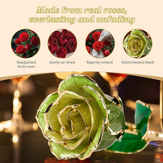 Mikasol Real 24K Gold Dipped Realistic Rose – Timeless Lifelike Bloom with Heart Puzzle Base – Romantic Gradient Green Flower Gift for Her, Wife, Girlfriend, Mom – Birthday, Anniversary, Mother’s Day
