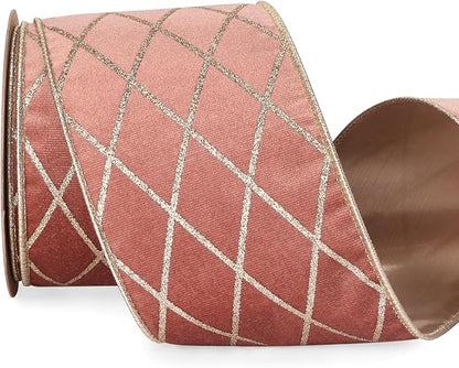 Ribbli Rose Gold Velvet Ribbon Wired with Glitter Diamond Grid 4 Inch Christmas Ribbon for Christmas Tree Decoration Big Bow Gift Wrapping Crafts Wreaths Garland Supplies - 10 Yards