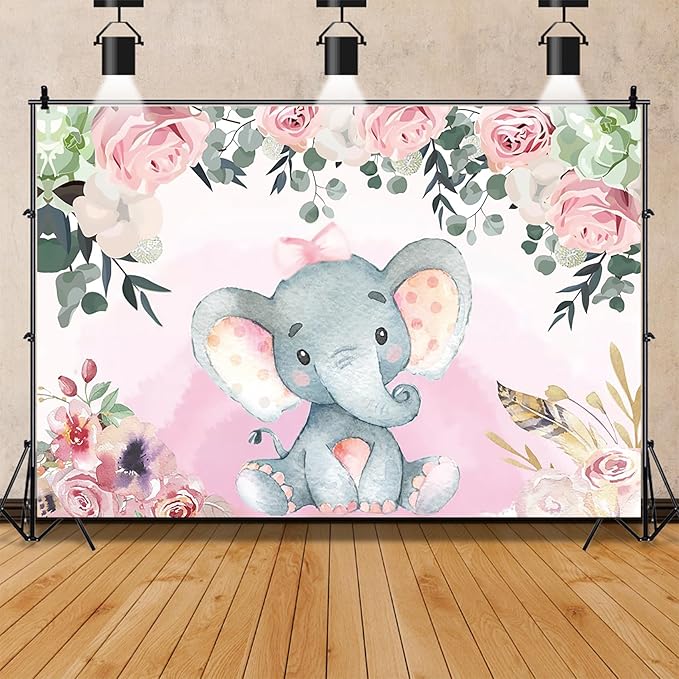 AOFOTO 10x6.5ft Pink Flowers Elephant Baby Shower Backdrop for Girl Sweet Floral Gender Reveal Background for Photography Kids Infant Birthday Party Banner Cake Table Decoration Photo Studio Props