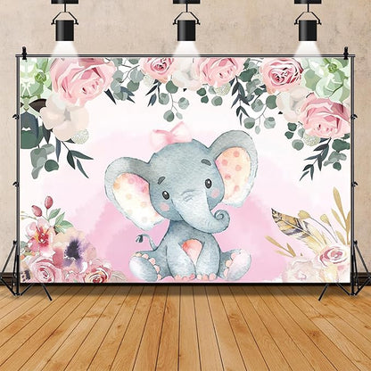 AOFOTO 10x6.5ft Pink Flowers Elephant Baby Shower Backdrop for Girl Sweet Floral Gender Reveal Background for Photography Kids Infant Birthday Party Banner Cake Table Decoration Photo Studio Props