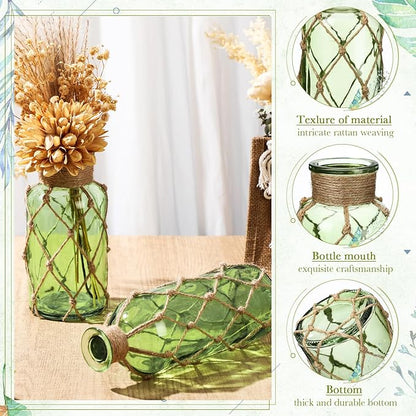 Chuangdi Set of 2 Coastal Glass Vases for Flower Small Flower Vase with Boho Rope Wrapping Beach Decorative Bottle for Coastal Nautical Table Centerpiece Wedding Floral Arrangement Decor(Green)