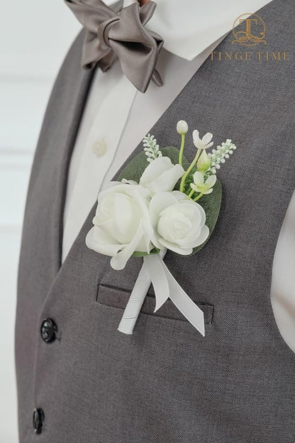 TINGE TIME 2PCS Boutonniere for Men, Groom and Groomsmen Boutonniere for Wedding, Prom, Homecoming, Anniversary, Graduation(White)