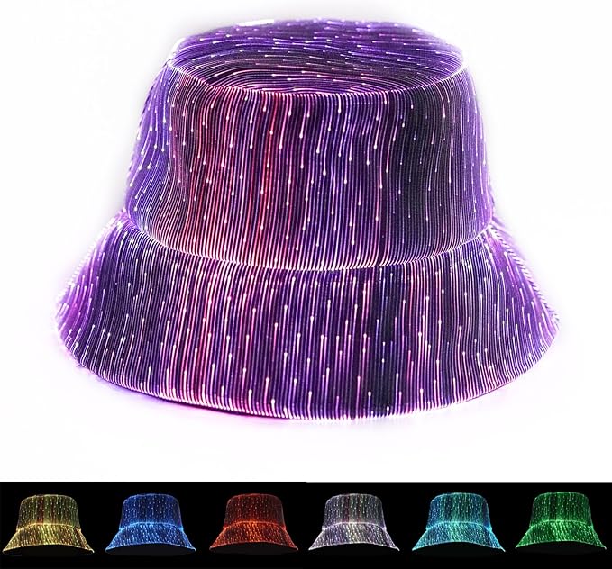 LED Rave Bucket Hat Light up Fisherman Cap 7 Colors Glow in the Dark Party Hats USB Rechargeable EDM Festival Gear