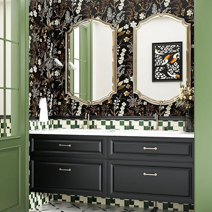 Vintage Leaf Wallpaper Peel and Stick Gold Leaf Contact Paper 17.4" x 393" Black Floral Waterproof Self-Adhesive Wall Covering for Bedroom Countertop Desk Cabinets