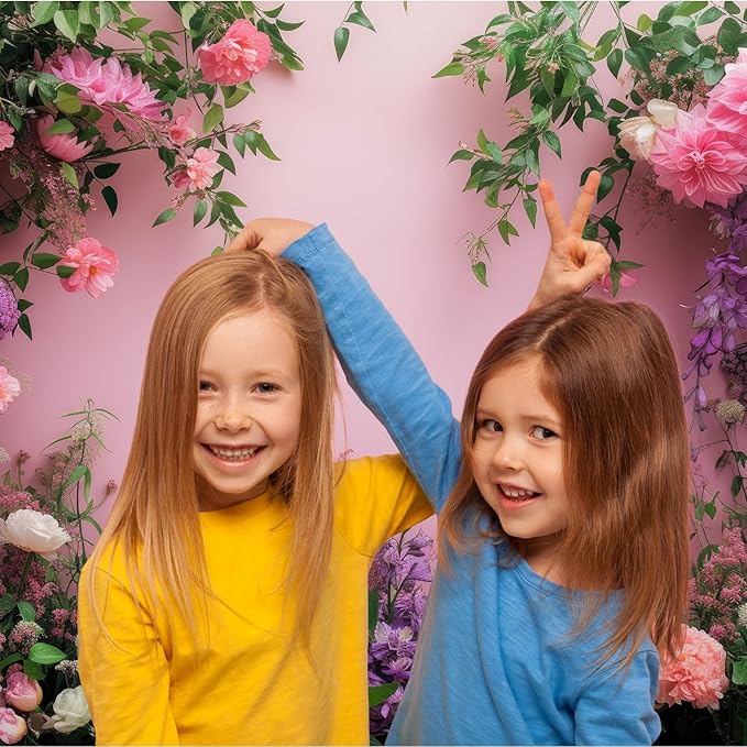 Flowers Photography Backdrop Colorful Flowers Composition Green Leaves on Pink Background for Girls Kids Children Wall Banner Cake Table Decoration Video Studio Photo Portrait Props 10x6.5ft