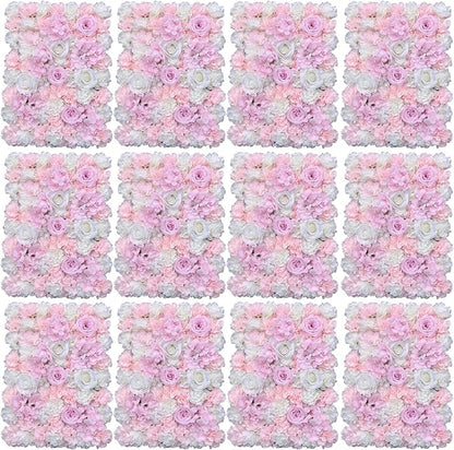 16"x 24" Artificial Flower Wall Panels,Flower Wall Mat Silk Flower Panels for Outdoor Garden Backyard Fence Fence Privacy Screen and Indoor Wall Decor (12Pcs Light Pink+White)