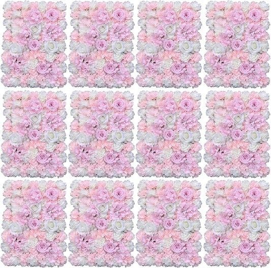 16"x 24" Artificial Flower Wall Panels,Flower Wall Mat Silk Flower Panels for Outdoor Garden Backyard Fence Fence Privacy Screen and Indoor Wall Decor (12Pcs Light Pink+White)