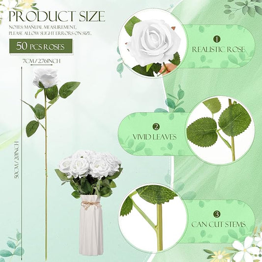 Jexine 50 Pcs Artificial Rose Flower Bulk Realistic Silk Fake Roses with Long Stem Plastic Artificial Flower Bouquet Real Looking for Home Wedding Centerpieces Party Decoration(Pure White)