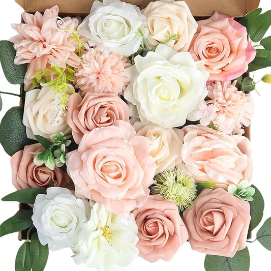 Pink and White Artificial Flowers Fake Silk Flowers for DIY Wedding Bouquets Cake Decoration Mixed Roses Combo Blush Flower Centerpieces Arrangements for Party Table Chair Decor (Pink)