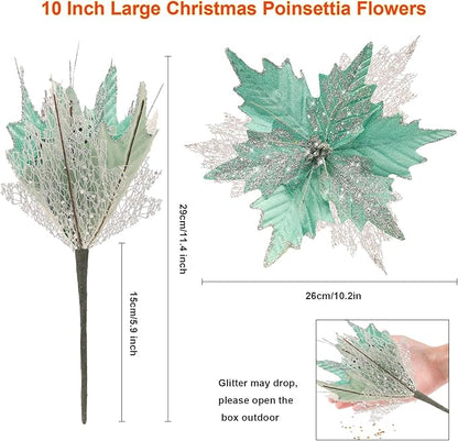 10'' Large Christmas Glitter Poinsettia Flowers Decorations, stadeco 10 Pcs Christmas Tree Picks Ornaments Artificial Flowers with Long Stems for Xmas Tree Wreath Garland Wedding Party DIY Decor
