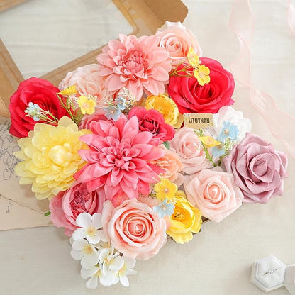 Artificial Flower Box Set Pink & Yellow Silk Flowers Rose Faux Flowers for DIY Bouquets Centerpieces Arrangements Table Decor Baby Shower Party Home Decor (Pink & Yellow)