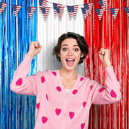 3 Pack 3.3 x 8.2 ft Red White and Blue Foil Fringe Backdrop Curtains, Tinsel Streamers Party Decorations, Fringe Backdrop for Patriotic, Memorial Day, 4th of July, Independence Day
