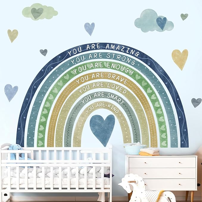 Watercolor Rainbow Wall Sticker Peel and Stick Kids Nursery Wall Decor Stickers Boho Blue Inspirational Walls Decals for Boys Bedroom You Are Decal Motivational Vinyl Art Murals for Baby Room Playroom