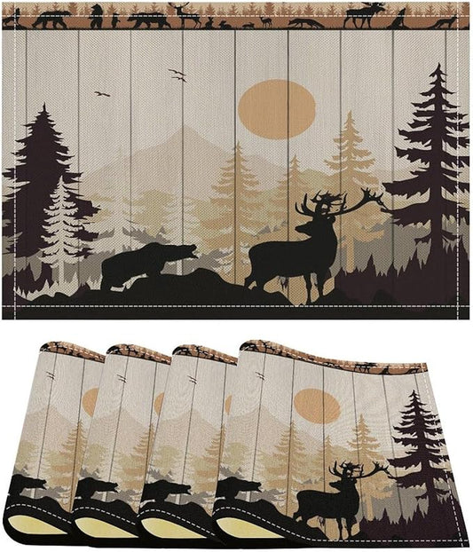 Farmhouse Forest Cabin Placemats Country Deer Bear Art Printed Dining Table Mats Set of 4 for Home Kitchen Holiday Picnic Party Decor 12x18in