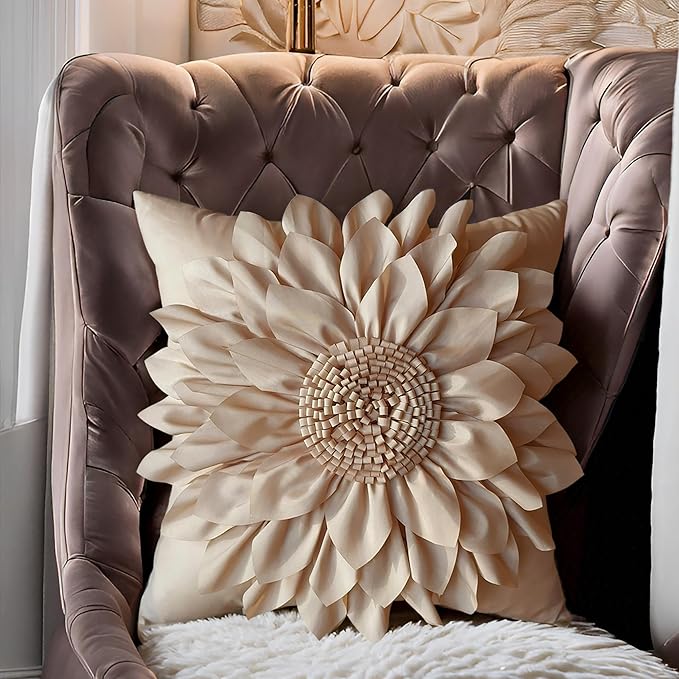 Bella's Giftshop 3D Sunflower Decorative Throw Pillow Covers for Bed Sofa Couch Car, Accent Floral Taffeta Cushion Cover, Handmade Pillow Cases Living Room Decor, 17x17 Inch-Beige/Taupe