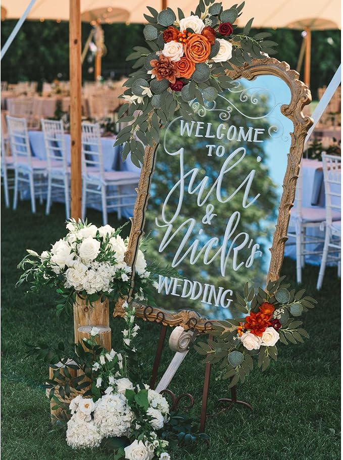 Orange Faux Flower Swag Set of 2, Artificial Flowers Swags for Wedding Arch, Wedding Welcome Signs, Welcome Reception Ceremony Signs Decorations
