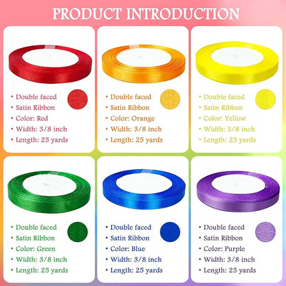 3/8" 6 Colors X 25 Yards Rainbow Satin Ribbon,150 Yards Assorted Colors Satin Ribbons for Flower Bouquet,Ribbons for Gift Wrapping Happy Birthday Party Decorations