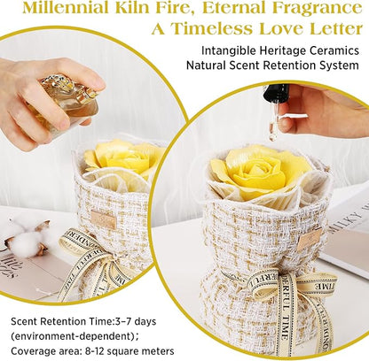 Eternal Love Ceramic Flower Bouquet - Handmade Yellow Ceramic Blossoms with Fragrance, The Perfect Luxury Gift Box for Her Anniversary/Birthday/Mother’s Day/Christmas, Includes Greeting Card