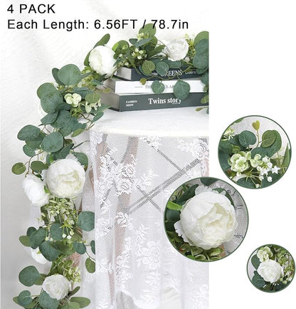 SOMYTING Artificial Flower Garland, Artificial Rose Vine Fake Flower Garland Silk Rose Peony Hanging Vine Faux Floral Garlands for Wedding Party Arch Table Wall Backdrop Decoration (White, 4PCS)