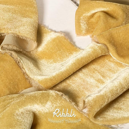 Ribbli Champagne Gold Velvet Ribbon 3 Inch Handmade Frayed Vintage Christmas Ribbon for Gift Wrapping Christmas Tree Ornament Wreath Craft Home Decor -3 Yards