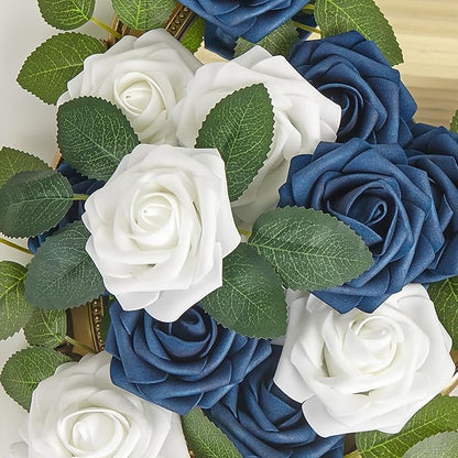 Artificial Flowers, 50pcs Blue and White Fake Flower for DIY Wedding Bouquets Centerpieces Arrangements, Artificial Rose with Stem for Party Home Decorations