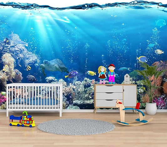 Blue Ocean Wallpaper Peel and Stick Underwater Animal World Self Adhesive Wall Mural for Kids Room Nursery 157"x108"