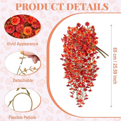 Artificial Fall Hanging Flowers for Decoration, 2pcs Long Vine Fake Flowers Plants Morning Glory, Realistic Faux Petunias for Planter Patio Porch Garden Autumn Outdoors Dec, Orange Red
