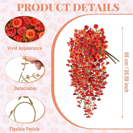Artificial Fall Hanging Flowers for Decoration, 2pcs Long Vine Fake Flowers Plants Morning Glory, Realistic Faux Petunias for Planter Patio Porch Garden Autumn Outdoors Dec, Orange Red