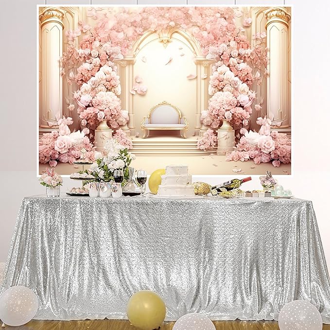 AOFOTO 15x10ft Wedding Backdrop Palace Hall Wall Spring Pink Flower Arch Background for Photography Bridal Shower Valentine's Day Prom Decoration Banner Girl Portrait Photo Booth Backdrop