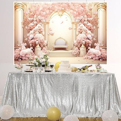 AOFOTO 15x10ft Wedding Backdrop Palace Hall Wall Spring Pink Flower Arch Background for Photography Bridal Shower Valentine's Day Prom Decoration Banner Girl Portrait Photo Booth Backdrop
