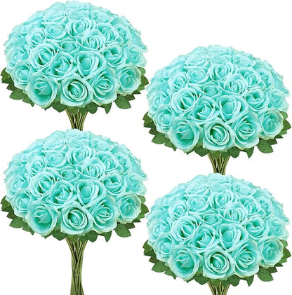 36 Pcs Turquoise Artificial Roses with Long Stems, Fake Silk Rose Artificial Flowers Bulk for Bridal Wedding Bouquet Centerpiece Ball Arrangement Party Decor