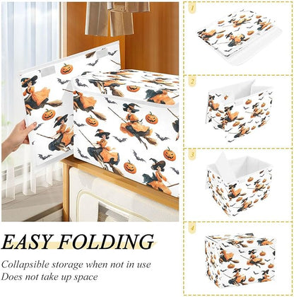 Halloween Baskets Collapsible Storage Bins with Lids, Witch Pumpkin Bat Pattern Storage Boxes Clothes Baskets for Organizing