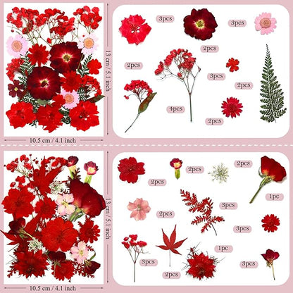 94 Pcs Red Pressed Dried Flowers for Resin, Real Natural Bulk Dry Wildflowers Leaves Perfect for Epoxy Molds, DIY Crafts, Home Decor, Soap Candles Jewelry Making