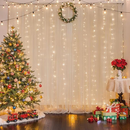 10ft x 8ft Champagne Backdrop Curtain with Lights String for Parties, Sheer Tulle Wedding Photo Backdrops Drapes for Baby Shower Birthday Party Decorations Background for Photography