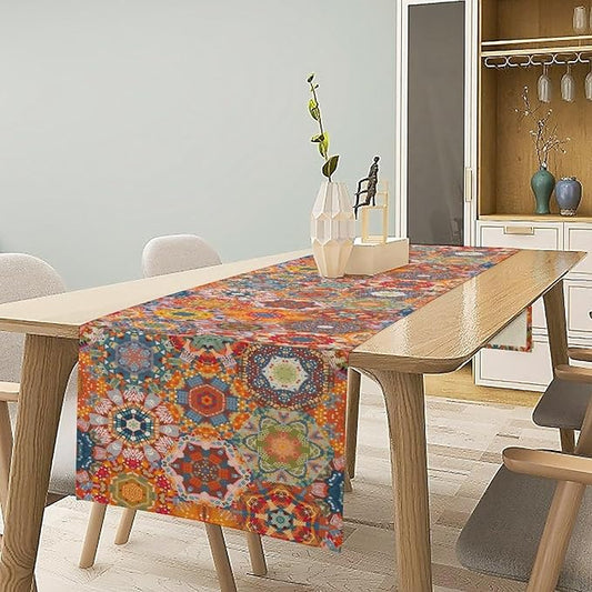 Boho Table Runner, Orange Geometric Mandala Flower Fall Farmhouse Decor Table Runner for Kitchen Dining Party Home Decoration, 13x90 Inch