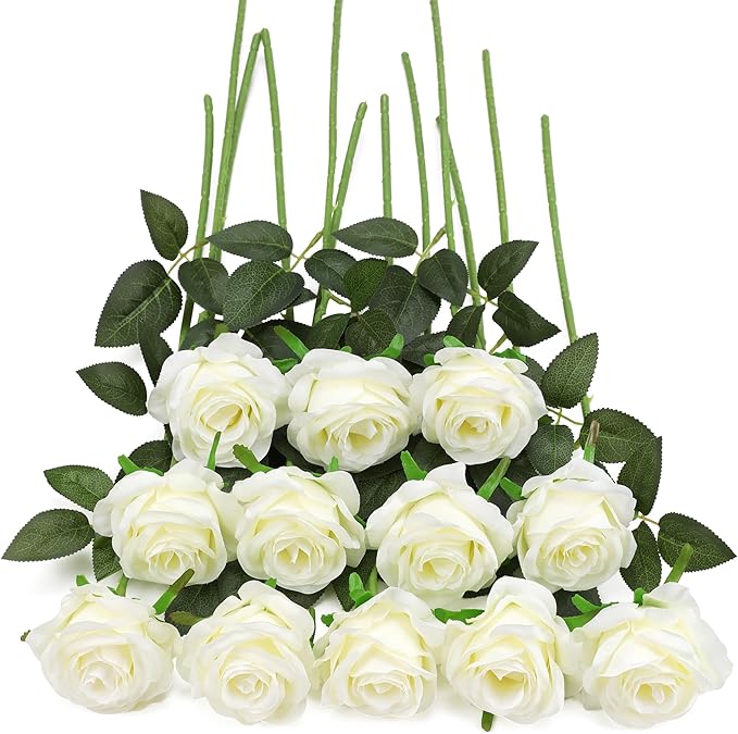 Hawesome Fake Roses Artificial Silk Flowers - 12 Pcs White Roses Artificial Faux Flowers with Stems for Home Wedding Centerpiece Hotel Office Decor