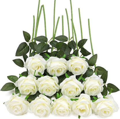 Hawesome Fake Roses Artificial Silk Flowers - 12 Pcs White Roses Artificial Faux Flowers with Stems for Home Wedding Centerpiece Hotel Office Decor