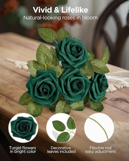 InnoGear Artificial Flowers, 50 Pcs Hunt Green Foam Fake Roses Bulk with Stems for Decoration DIY Wedding Bouquets Centerpieces Bridal Shower Party Valentines Christmas Tree