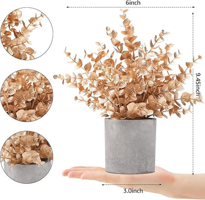 2 Pack Gold Eucalyptus Small Fake Plants Potted Artificial Plants for Christmas Decorations Shelf Desk Home Farmhouse Room Coffee Table Bathroom Decor