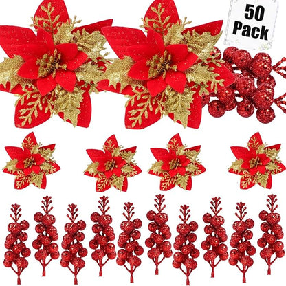 50pcs Glitter Poinsettia Christmas Ornaments, Artificial Flowers with Clips Stems for DIY Wreath Making, Holiday Home Party Decorations, Indoor Use (Red)