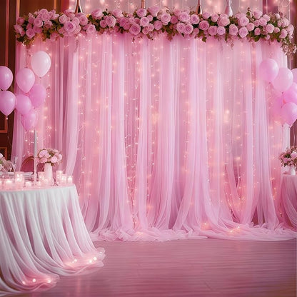 30×10ft Pink Tulle Backdrop Curtain with Lights String for Parties, Sheer Photo Backdrop Curtains for Wedding Party Photography Background