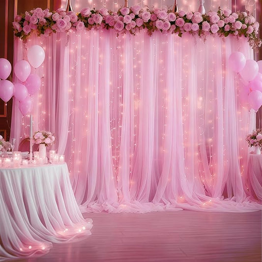 30×10ft Pink Tulle Backdrop Curtain with Lights String for Parties, Sheer Photo Backdrop Curtains for Wedding Party Photography Background