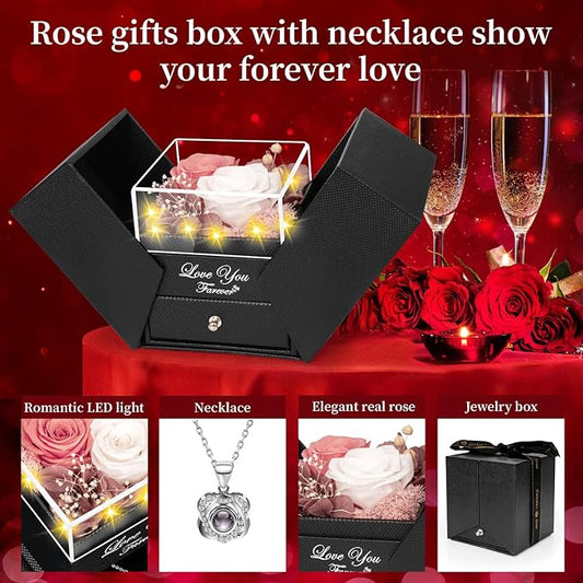 2 Preserved Real Rose with Heart I Love You Necklace- Eternal Rose Birthday Gifts for Women Wife Girlfriend Her Mom on Festivals Gifts Christmas Valentines Mothers Day Anniversary-Peach Pink White