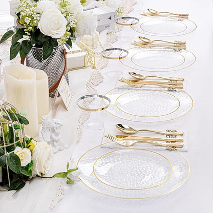 Rubtlamp 175 Pcs Plastic Dinnerware Set (25 Guests), Clear And Gold Plastic Plates, Hammered Party Plates Include Dinner Platos, Dessert Platos, Cups, Gold Cutlery Set And Napkins for Christmas