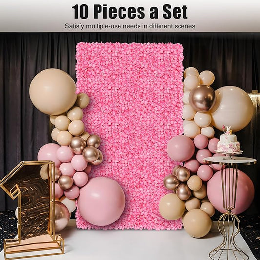 Flower Wall Panels, 10Pcs Artificial Flower Wall 3D Flower Wall Backdrop Pink Silk Rose Floral Decorative Faux Flower Wall Background for Wedding Home (Pink,15.7 * 23.6 in)