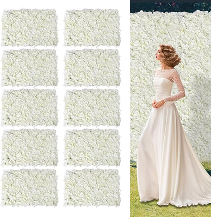 Flower Wall Panels, 10Pcs Artificial Flower Wall 3D Flower Wall Backdrop White Silk Rose Floral Decorative Faux Flower Wall Background for Wedding Home (Milky-White,15.7 * 23.6 in)