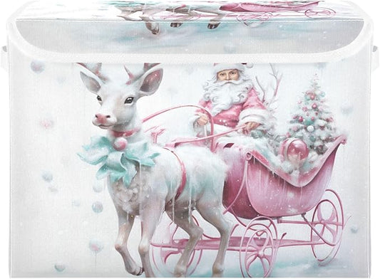 Christmas Baskets Collapsible Storage Bins with Lids, Christmas Santa Claus Pink Reindeer Storage Boxes Clothes Baskets for Organizing
