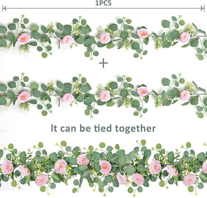 TOCHGREEN 2 Pack 13Ft Artificial Eucalyptus Flower Garland with Pink Camellia, Fake Flower Greenery Garland Floral Vines for Wedding Home Party Room Table Runner Decor (2PCS, Pink)