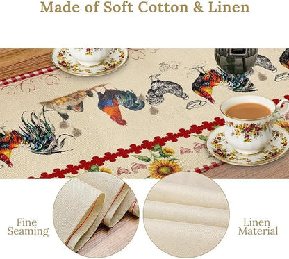 Rustic Rooster Table Runner,Vintage Country Farm Sunflower Chicken Red Plaid Print Tablecloth Burlap for Hotel Indoors Outdoor Dining Room Kitchen Home Decor,W13X L70 in