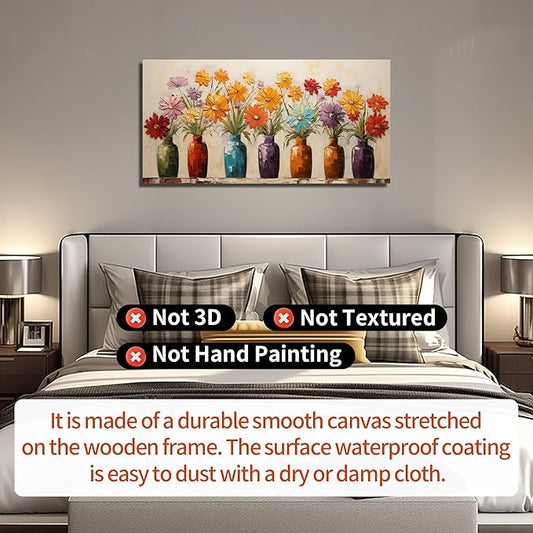 Colorful Daisy Floral Canvas Wall Art, Modern Abstract Flower in Vase Pictures for Living Room Bedroom Office Wall Decor, Horizontal Printed Painting Artwork Home Decorations, Size 40x20 Inches